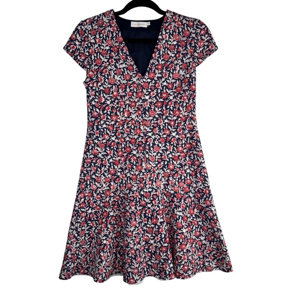 Tory Burch Dresses & Skirts - Tory Burch Dress Womens Small Navy Red Floral Fit & Flare V-Neck‎ Short Sleeve